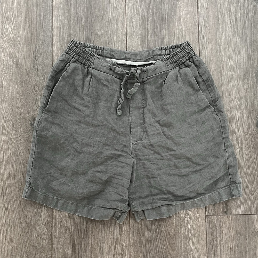 Zara 100% Linen Shorts Womens S Elastic Waist Pockets Drawstring Gray